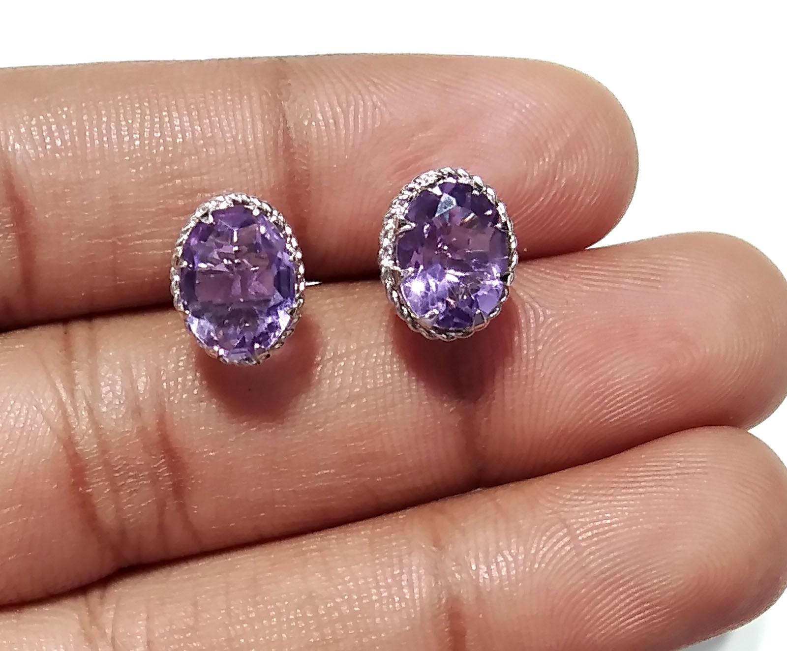 Amethyst Stud Earrings, 925 Solid Starling Silver Earring Jewelry, Natural Amethyst Gemstone Oval Shape Stone Size 9x7mm Gift For Her, Studs
